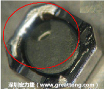 使用錫(Sn)鍍層的電源電感器(Power Inductors)，經(jīng)過(guò)推力測(cè)試后，其焊點(diǎn)還保留在零件的端點(diǎn)上，所以推力比較高。