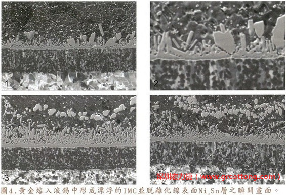 下面四張圖片為放大4500倍的SEM圖像，說明在回流焊爐熱量不足的情況下，黃金成份正要從鎳層分離融入焊錫之中的瞬間，當零件遭受外力沖擊的時候就極有可能從這一整排AuSn、、AuSn2或AuSn4的IMC處裂開。