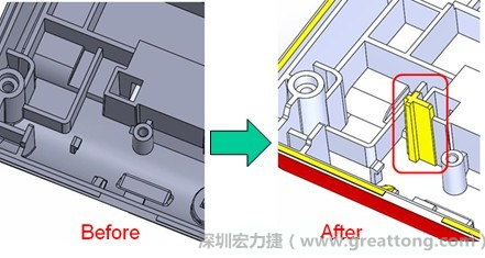 既然知道可能的問題出在電路板變形量過大,于是在電路板上黏貼應(yīng)力計(Stress Gauge)然后先量測未改善前的應(yīng)力數(shù)據(jù)。改善方法是在BGA的附近新增機(jī)溝肋柱(rib)來頂住電路板以降低電路板在落下時的變形量。