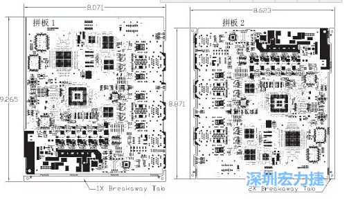 如圖7所示是使用不同數(shù)量邊條的拼板，拼板1僅使用了一個(gè)邊條，直接利用PCB另一邊作為SMT工藝傳送邊，并且PCB圖形中有合適的安裝孔；而拼板2則是按常規(guī)設(shè)計(jì)了兩個(gè)邊條。拼板方式為連接筋。圖中“Breakaway Tab”指邊條-深圳宏力捷