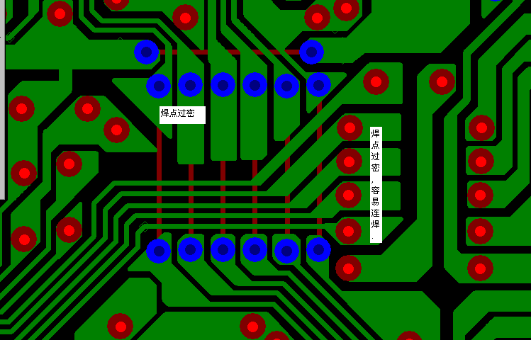 PCB設(shè)計焊點過密，易造成波峰連焊，焊點間漏電