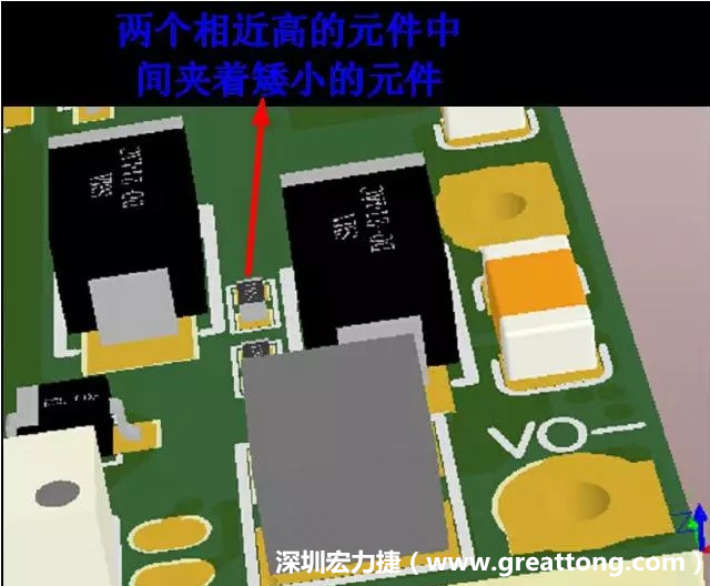 放置器件時要考慮以后的焊接和維修，兩個高度高的元件之間盡量避免放置矮小的元件