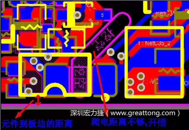 如果碰到模塊PCB空間有限，爬電距離不夠，可以采用開(kāi)槽的方式