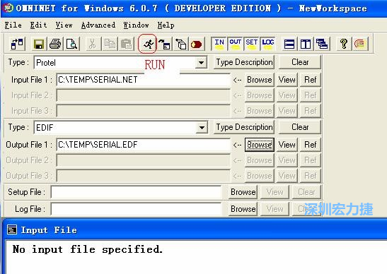 輸出文件類型(Type)選 EDIF。Output File 1 指定輸出文件的文件名和路徑。然后點擊 Run(跑動的小人)。