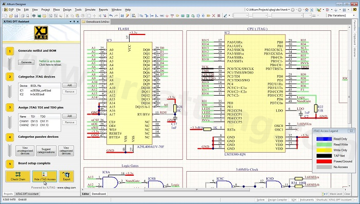 XJTAG DFT Assistant的Access Viewer模式可以清楚地顯示可用的測(cè)試存取層級(jí)，讓電路板設(shè)計(jì)人員在展開PCB布局以前的原理圖擷取階段盡可能地提高測(cè)試存取能力