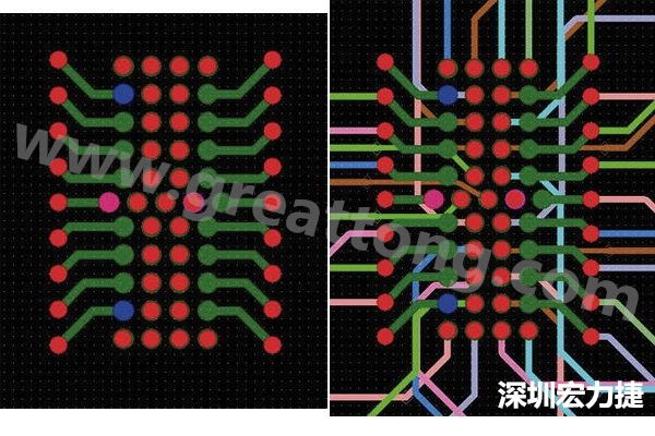 圖7：焊盤內(nèi)過孔用于內(nèi)部，而外部接腳在0.5mm閘格上扇出。圖7a顯示的是頂層(左)；圖7b顯示頂層和內(nèi)部布線層(右)。