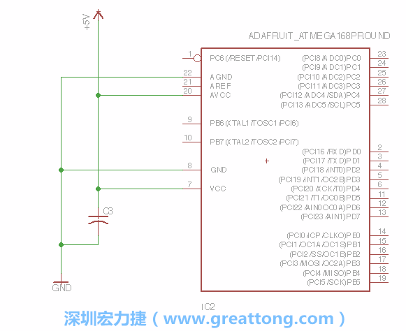 3.1.    新增微控制器晶片（RBBB → ATmega），把它放在電路原理圖的中央附近，把它的兩個接地接頭連接到接地訊號端。