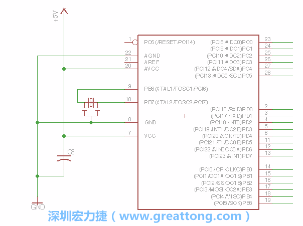 3.2.    在靠近ATmega的電源供應(yīng)針腳7的位置放置一個0.1μF的電容，將它分別連接電源、接地端和針腳7。