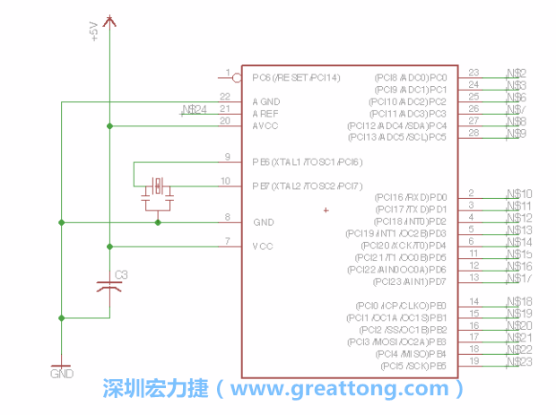 3.3.    將共鳴器（resonator）放置在針腳9和針腳10附近，將它的三個針腳連接如圖所示，并確認最中間的針腳有連到接地端。