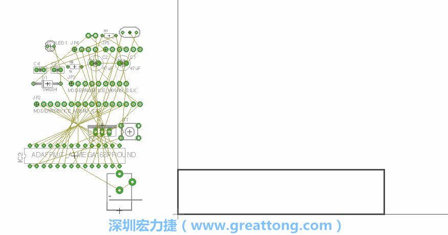 第一次執(zhí)行布線編輯器時，你會發(fā)現(xiàn)有兩個區(qū)塊，左邊的區(qū)塊非?；靵y，而右邊的區(qū)塊則是一個長方形的工作區(qū)域，EAGLE免費(fèi)版會限制你的工作區(qū)域在4” x 3.2”的范圍內(nèi)，如果你試圖將元件擺放在工作區(qū)外的話，就會跳出警示訊息。