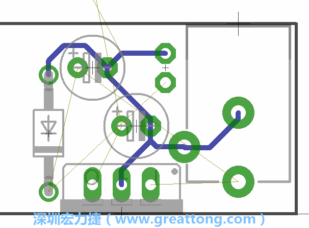 當(dāng)你在擺放元件時，要注意元件間的連結(jié)關(guān)系使用「旋轉(zhuǎn)（Rotate）」工具來讓連結(jié)點(diǎn)更接近、更容易布線。舉例來說，我們可以將這邊的二極體轉(zhuǎn)一個方向來縮短和47μF電容間的連結(jié)距離。