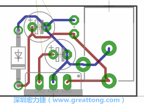 接地連結(jié)點(diǎn)的布線情形如下圖所示，利用這個練習(xí)來避免電路連線銳角化的產(chǎn)生是一個不錯的選擇，你可以在工具列中的彎曲線路（Wire Bend）選項(xiàng)里改變各種布線的變化。