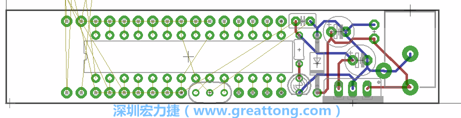 將ATmega微控制器、三個GPIO排針（JP2, JP3, JP4）和諧振器（resonator）排置如上圖所示。