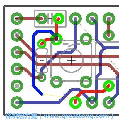 要在電路板正面進(jìn)行+5V信號線連結(jié)和其他連結(jié)點(diǎn)的布線工作是非常容易的，而重置信號線（信號線用來連結(jié)電路板正面左邊的重置開關(guān)）需要經(jīng)過一個可以通過電路板正反兩面的電路通道，這個通道是一個可以讓電路板正反兩面線路連接的一個小孔。