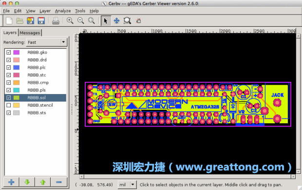 將圖層匯入你的Gerber預覽工具內(nèi)（下圖為Gerbv），我通常會從上到下重新排列它們的順序，好讓我比較好校對：