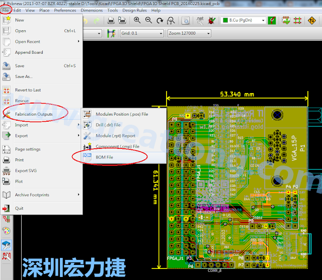 在Kicad的PCB Editor, 點(diǎn)選 File->Fabrication Outputs->BOM File, 即可產(chǎn)生一個(gè) .csv 的Excel 檔案。