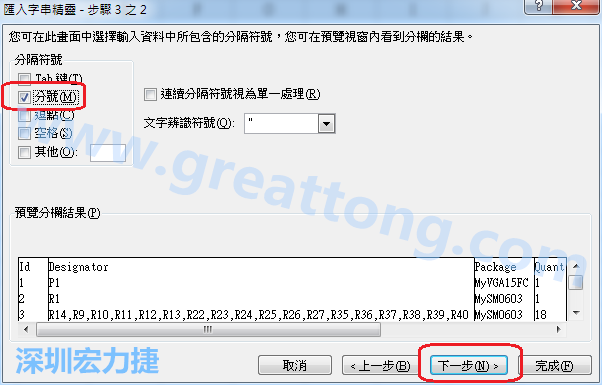 新增一個(gè)新的Excel文檔，[資料]匯入[從文字檔]，然后選擇剛產(chǎn)生的BOM (.csv)檔案，并以"分號(hào)"作為分隔符號(hào)。