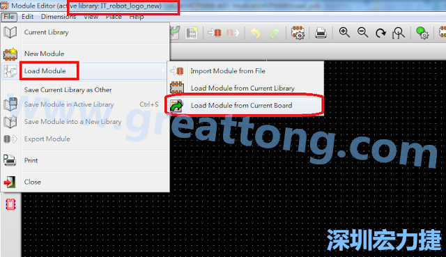 進入Module Editor去載入其他Footprint(Module)進來， 從目前的Active library (不過要先選取一個Current library ) 載入Module 或從目前正在編輯的PCB載入Module。