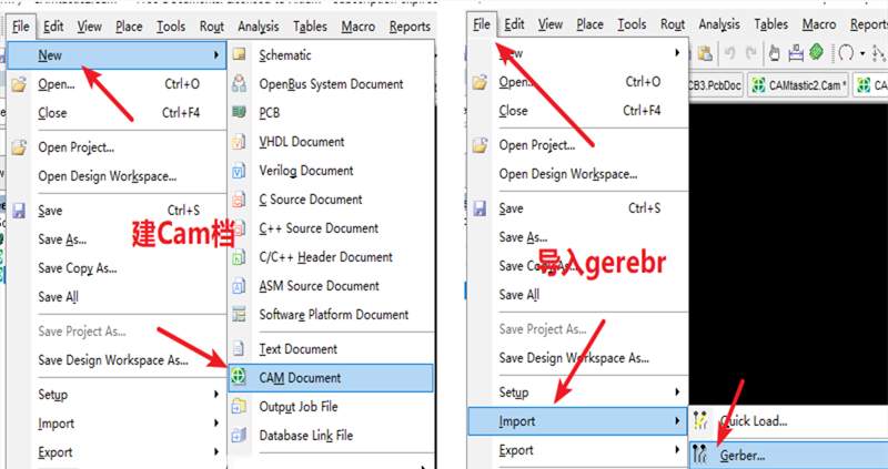 在File下新建 Cam檔，建后再File下導(dǎo)入Gerber文件，選擇所有文件導(dǎo)入gerber。